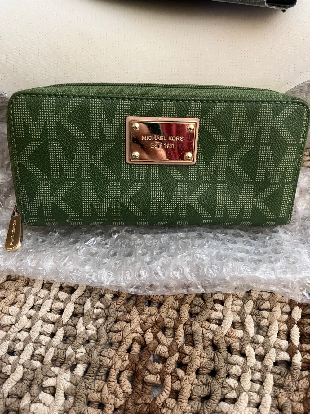 EUC Michael Kors Olive Green MK Signature Zip-Around Wallet with Gold Plate